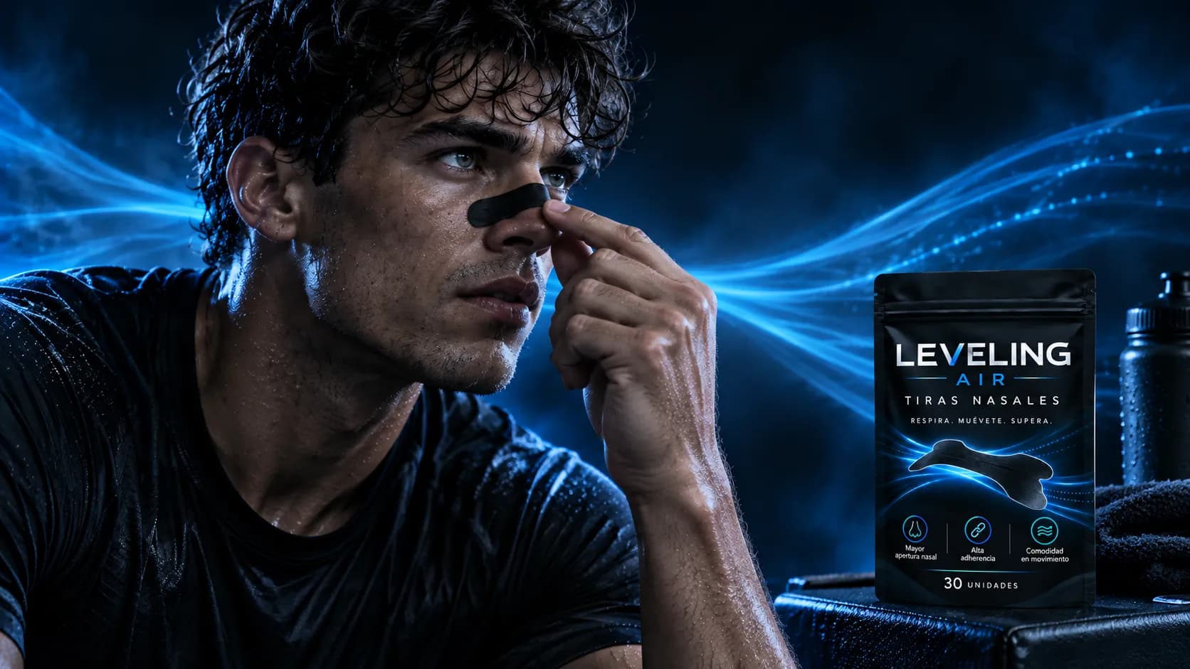 Deportista ajustándose la tira LEVELING AIR, con el pouch al lado